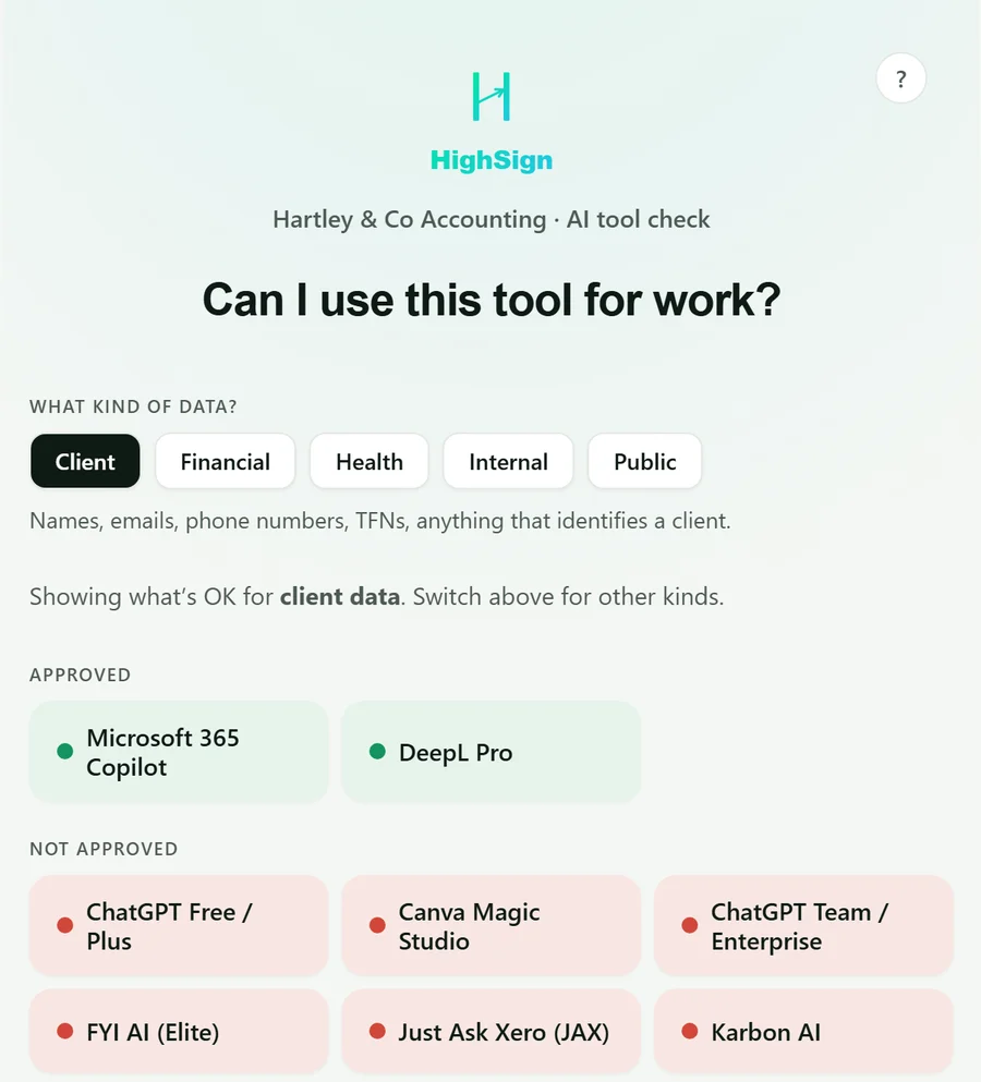 HighSign AI tool check showing approved and not approved tools for client data