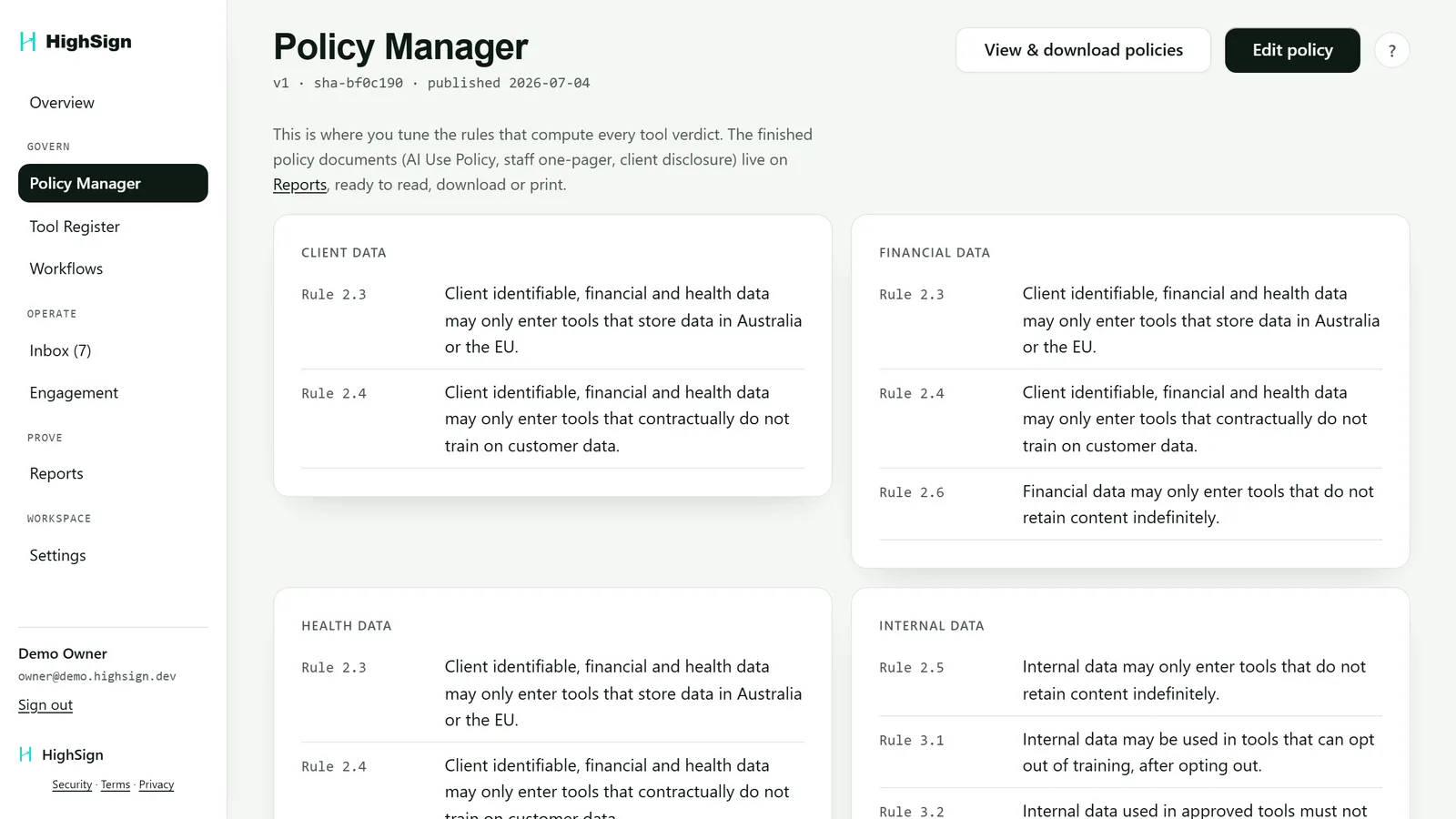 HighSign policy manager showing plain language rules per data class